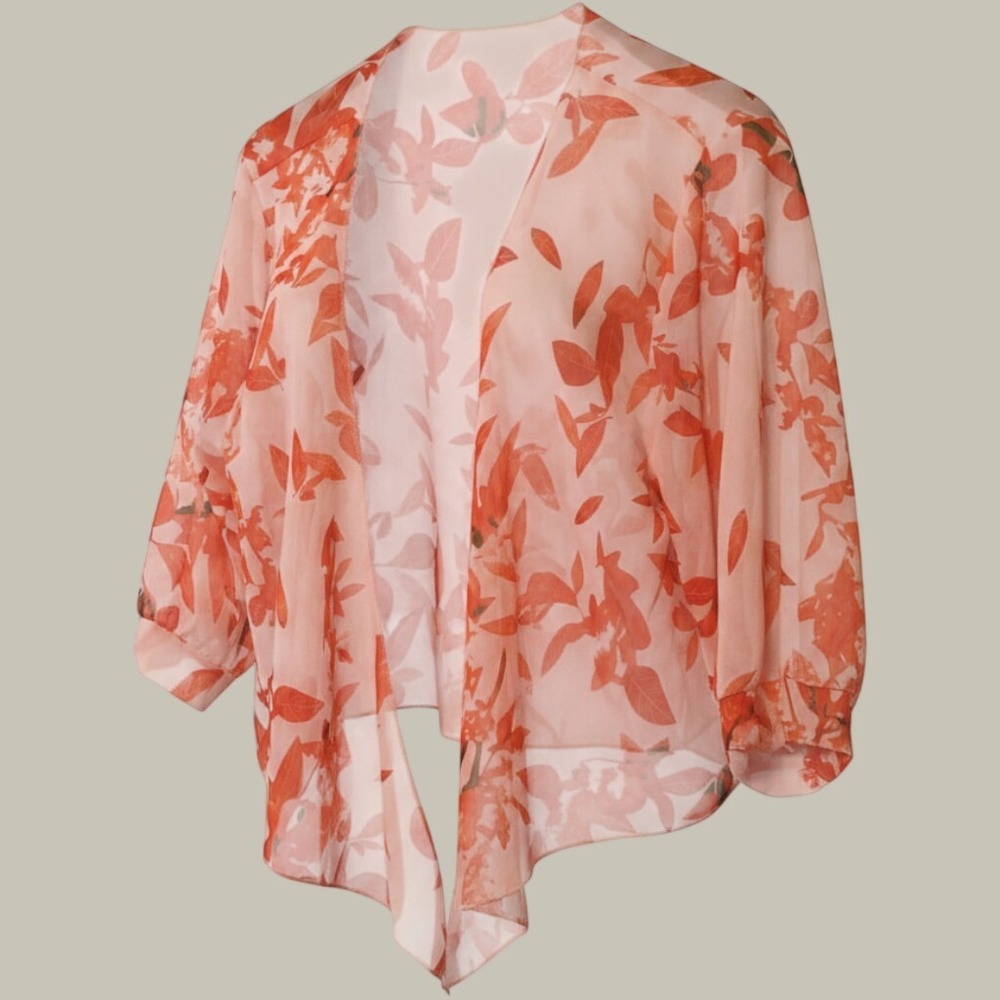 Floral Kimono Cardigan Womens XXL Orange Peach Leaf Print Sheer Open Front Wrap